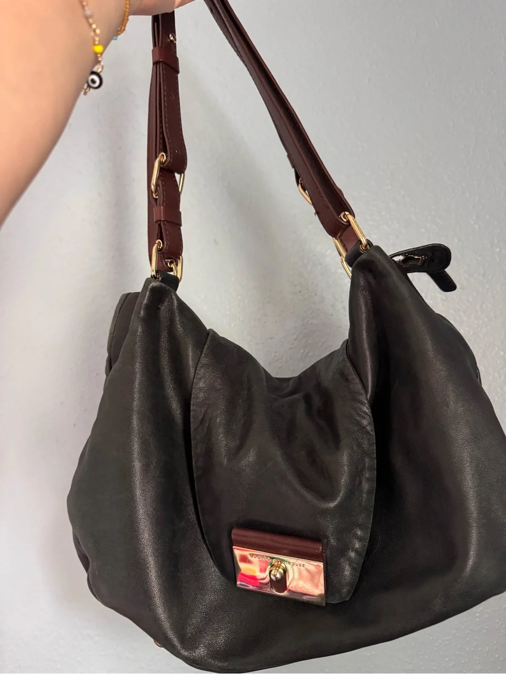 Adolfo Dominguez Black Leather Hobo with Brown Strap and Gold Hardware